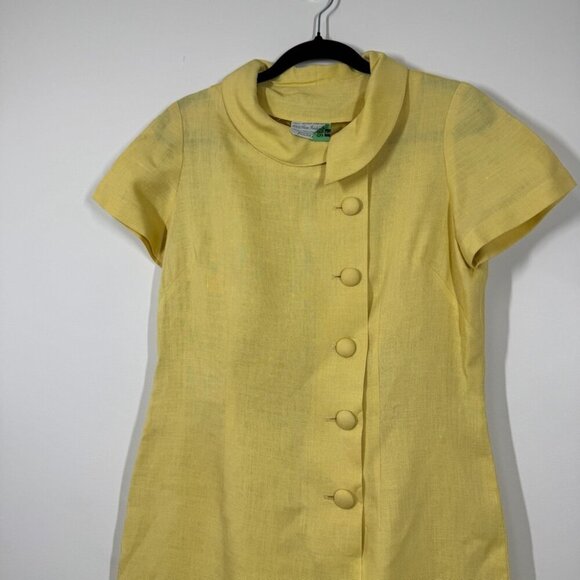Vintage Cowl Neck Irish Linen Butter Yellow Button-Down Midi Dress No Size - Picture 9 of 11
